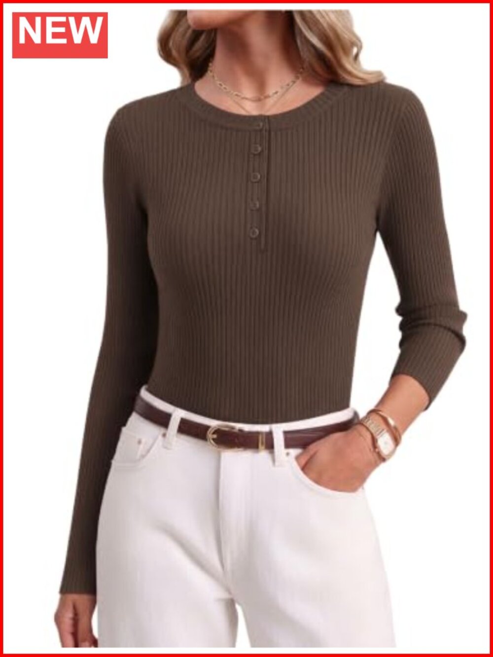 Ekouaer Women's Rib Knit Henley Sweater Long Sleeve Slim Fit Lightweight
